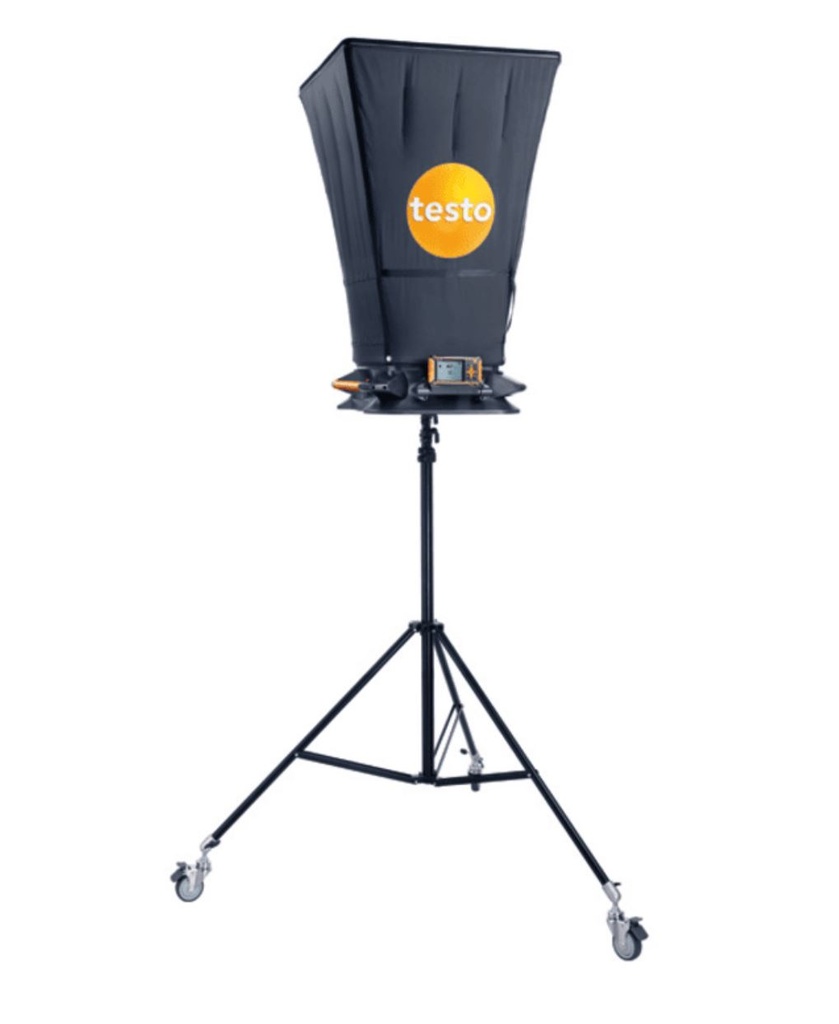 testo 420 Volume flow hood including measuring instrument, 610 x 610 mm hood, 5 x tension rods, USB cable, batteries, trolley and calibration protocol