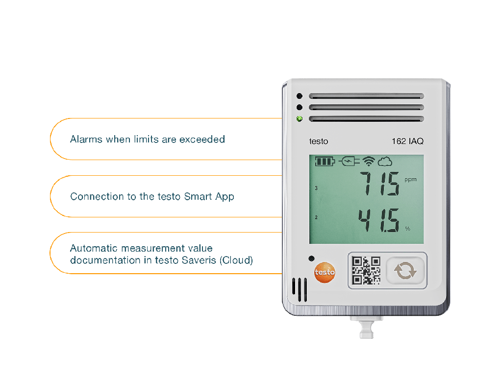 testo 162 IAQ - Online data logger with display and integrated sensors for temperature, humidity, CO2 and atmospheric pressure