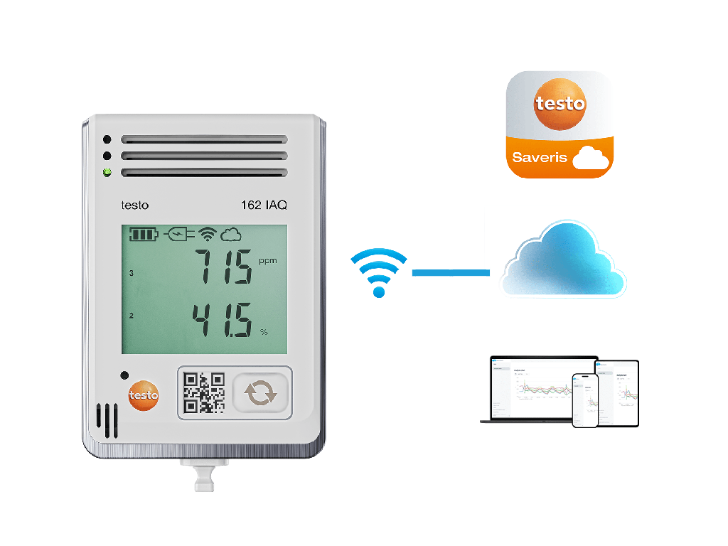 testo 162 IAQ - Online data logger with display and integrated sensors for temperature, humidity, CO2 and atmospheric pressure