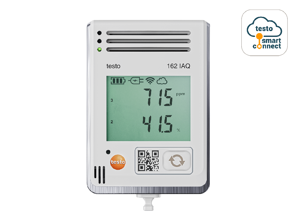 testo 162 IAQ - Online data logger with display and integrated sensors for temperature, humidity, CO2 and atmospheric pressure